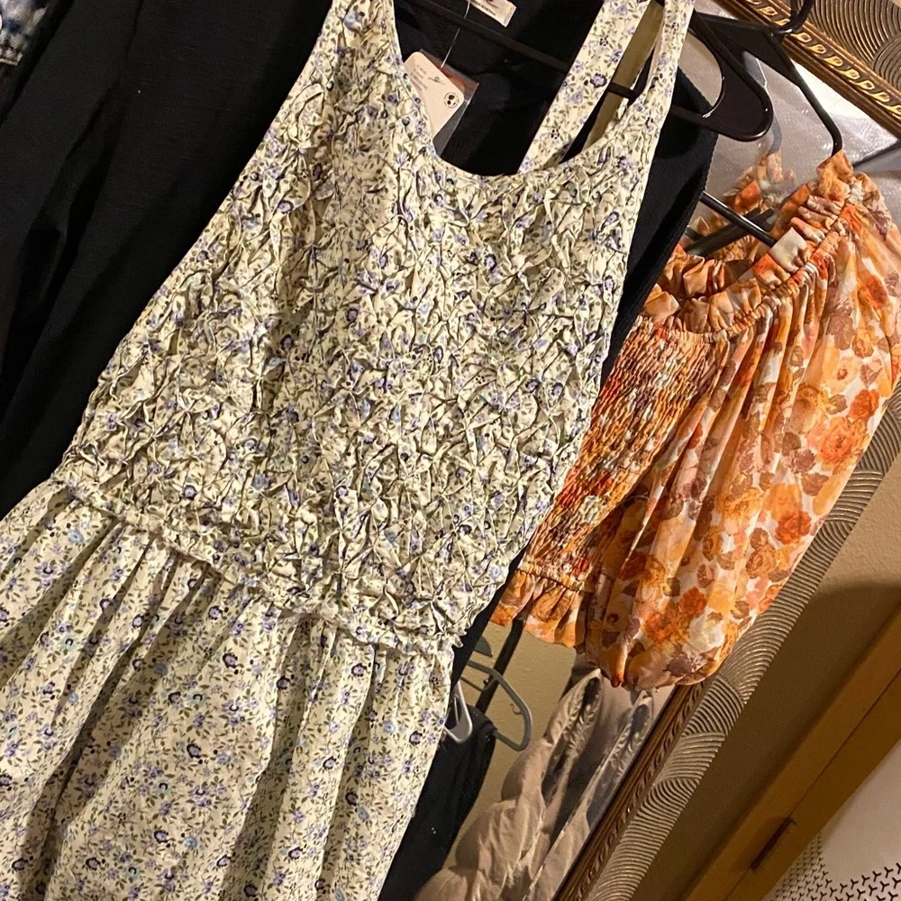 Free People Floral Mini Dress in Cream with Blue Accents - Picture 2 of 7